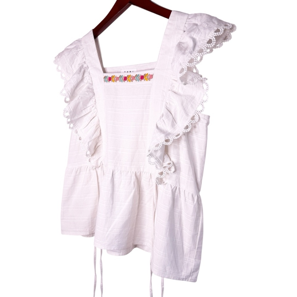 THML Embroidered Ruffle Sleeve Tie Top in White Size Large - Picture 2 of 11